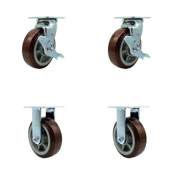 6 Inch Polyurethane Caster Set with Roller Bearings 2 Brake 2 Rigid SCC
